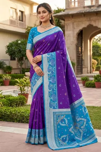 Blue color pochampally silk blend ikkat pattern zari woven border sarees