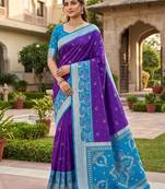 Blue color pochampally silk blend ikkat pattern zari woven border sarees