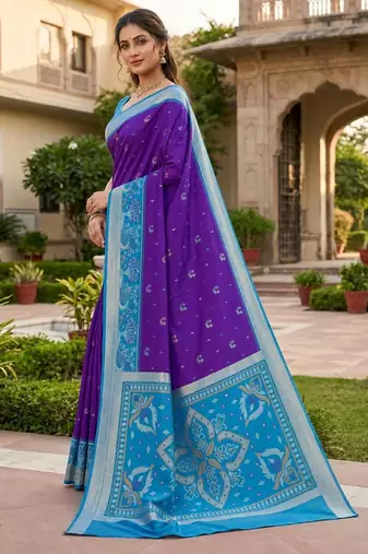 Blue color pochampally silk blend ikkat pattern zari woven border sarees