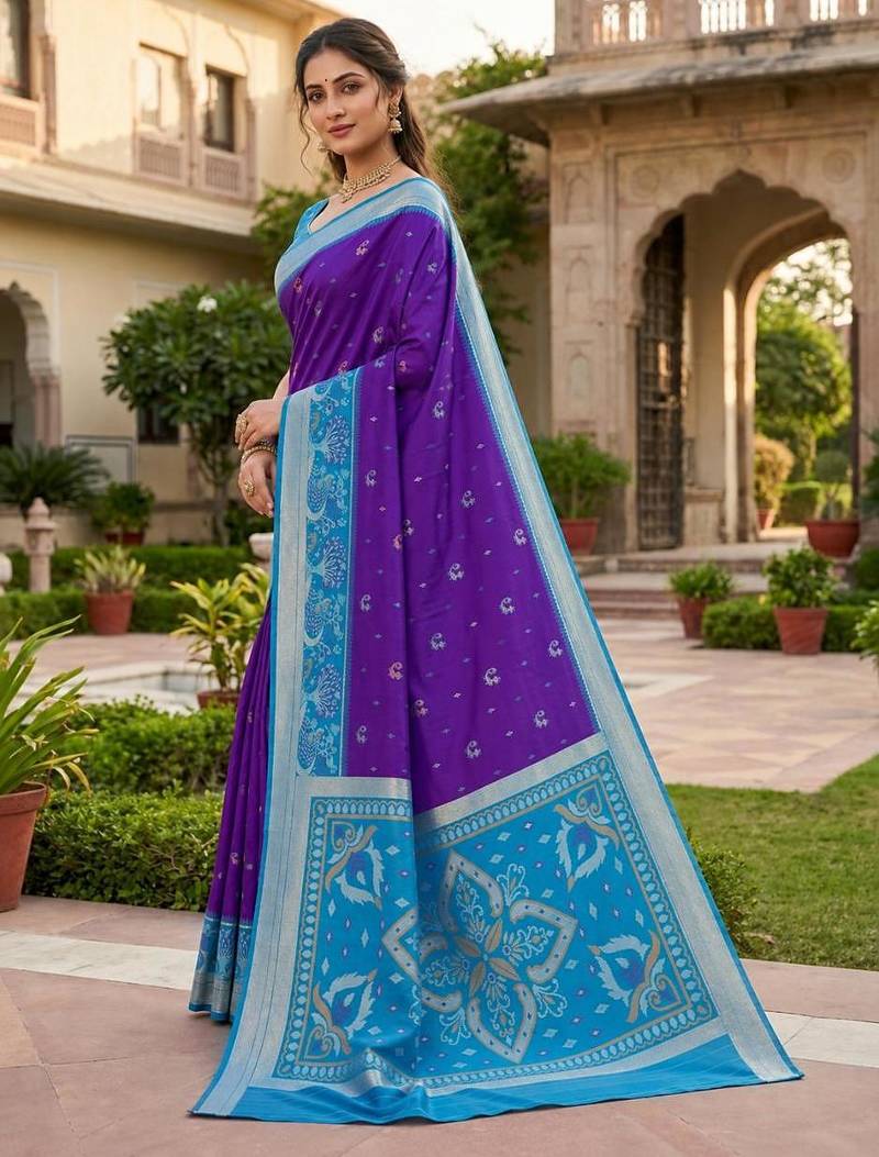 Blue color pochampally silk blend ikkat pattern zari woven border sarees
