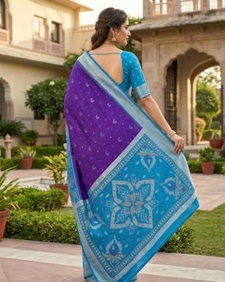 Blue color pochampally silk blend ikkat pattern zari woven border sarees 3