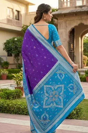 Blue color pochampally silk blend ikkat pattern zari woven border sarees