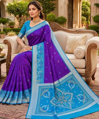 Blue color pochampally silk blend ikkat pattern zari woven border sarees 4