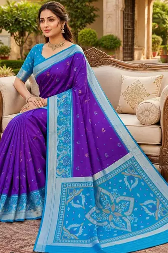 Blue color pochampally silk blend ikkat pattern zari woven border sarees