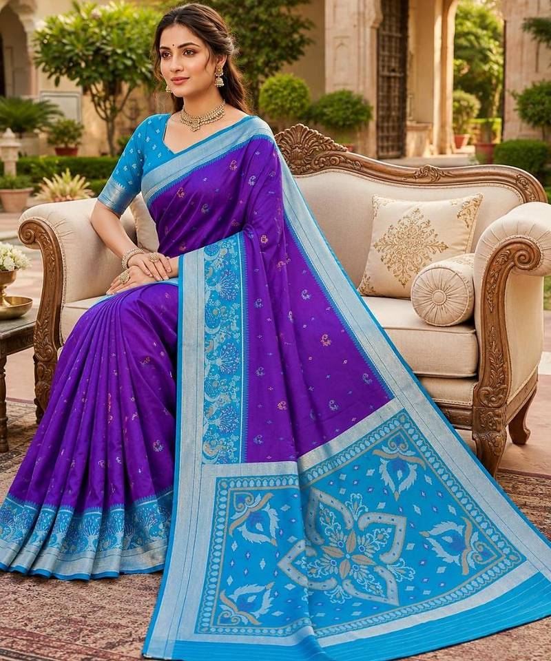 Blue color pochampally silk blend ikkat pattern zari woven border sarees