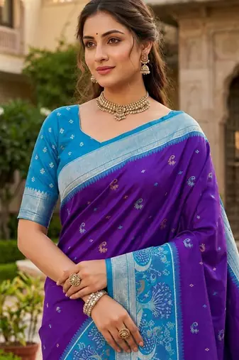 Blue color pochampally silk blend ikkat pattern zari woven border sarees