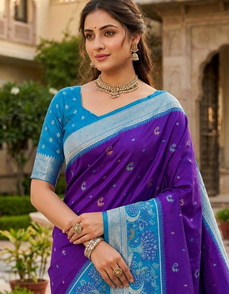 Blue color pochampally silk blend ikkat pattern zari woven border sarees