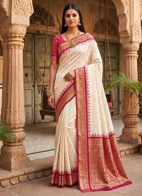 White color silk blend zari woven work sari with un-stitched blouse 1
