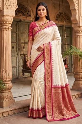 White color silk blend zari woven work sari with un-stitched blouse