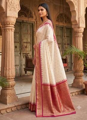 White color silk blend zari woven work sari with un-stitched blouse 2