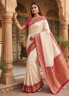 White color silk blend zari woven work sari with un-stitched blouse 3