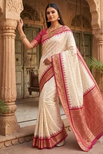 White color silk blend zari woven work sari with un-stitched blouse