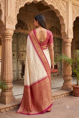 White color silk blend zari woven work sari with un-stitched blouse 4