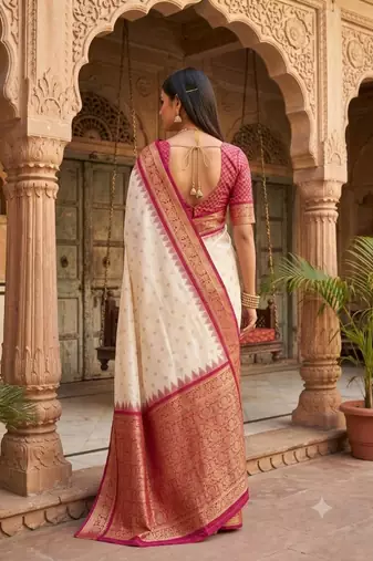 White color silk blend zari woven work sari with un-stitched blouse