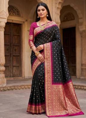 Black color silk blend zari woven work sari with un-stitched blouse 1