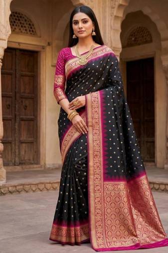 Black color silk blend zari woven work sari with un-stitched blouse