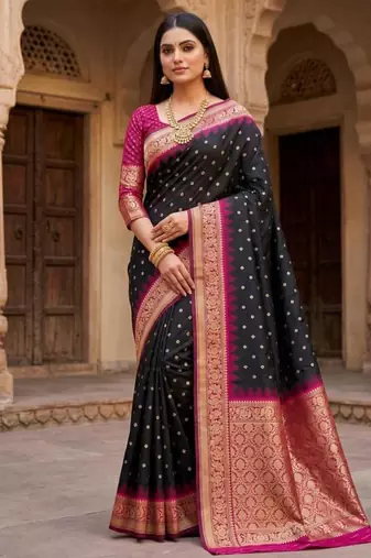 Black color silk blend zari woven work sari with un-stitched blouse