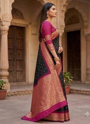 Black color silk blend zari woven work sari with un-stitched blouse 2