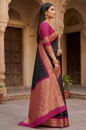 Black color silk blend zari woven work sari with un-stitched blouse