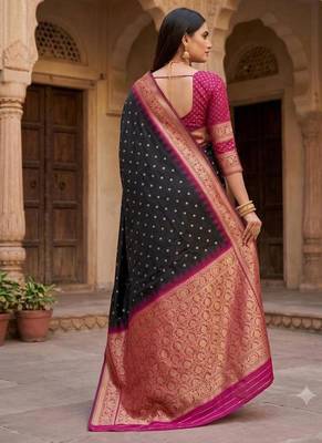 Black color silk blend zari woven work sari with un-stitched blouse 3