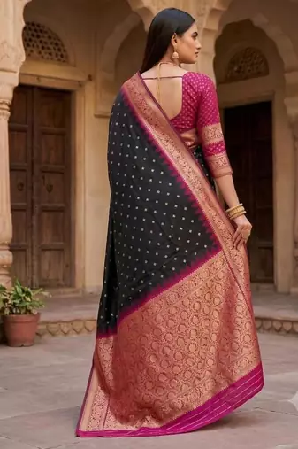 Black color silk blend zari woven work sari with un-stitched blouse