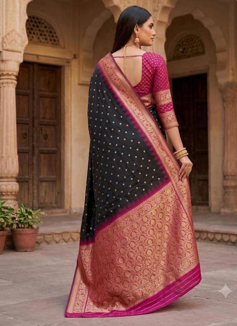 Black color silk blend zari woven work sari with un-stitched blouse
