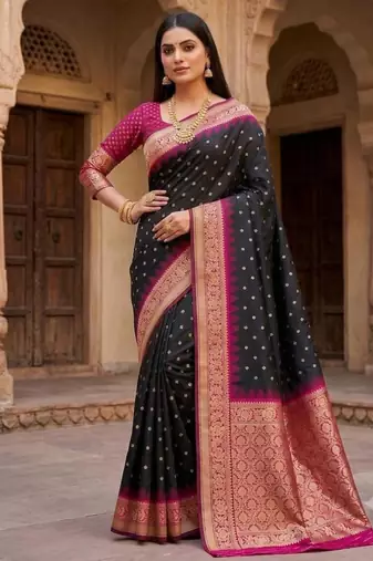 Black color silk blend zari woven work sari with un-stitched blouse