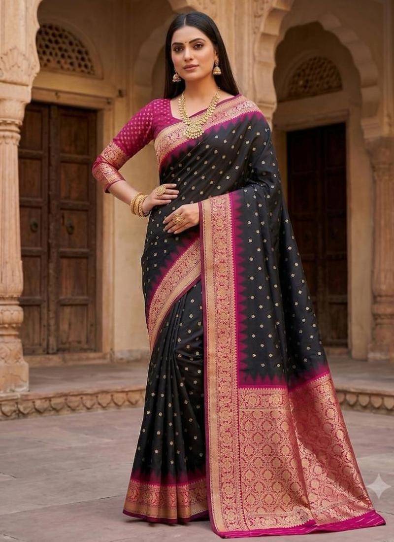 Black color silk blend zari woven work sari with un-stitched blouse