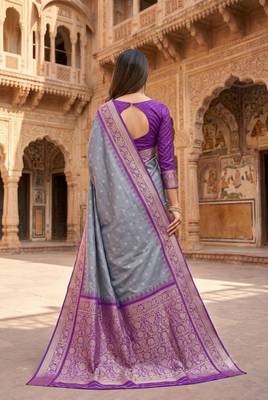 Grey color silk blend zari woven work sari with un-stitched blouse 2