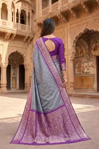 Grey color silk blend zari woven work sari with un-stitched blouse