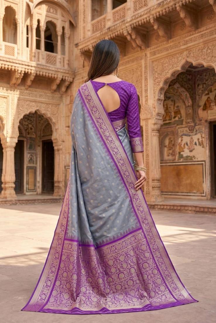 Grey color silk blend zari woven work sari with un-stitched blouse