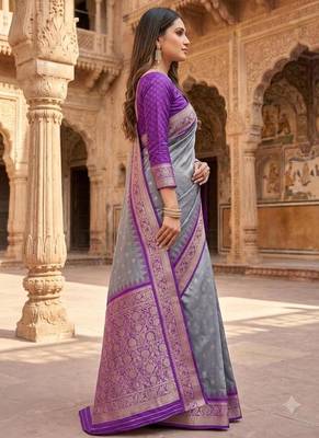 Grey color silk blend zari woven work sari with un-stitched blouse 3