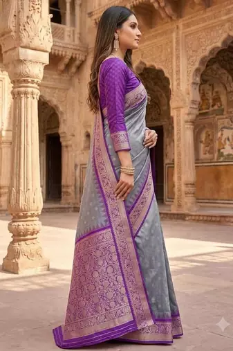 Grey color silk blend zari woven work sari with un-stitched blouse