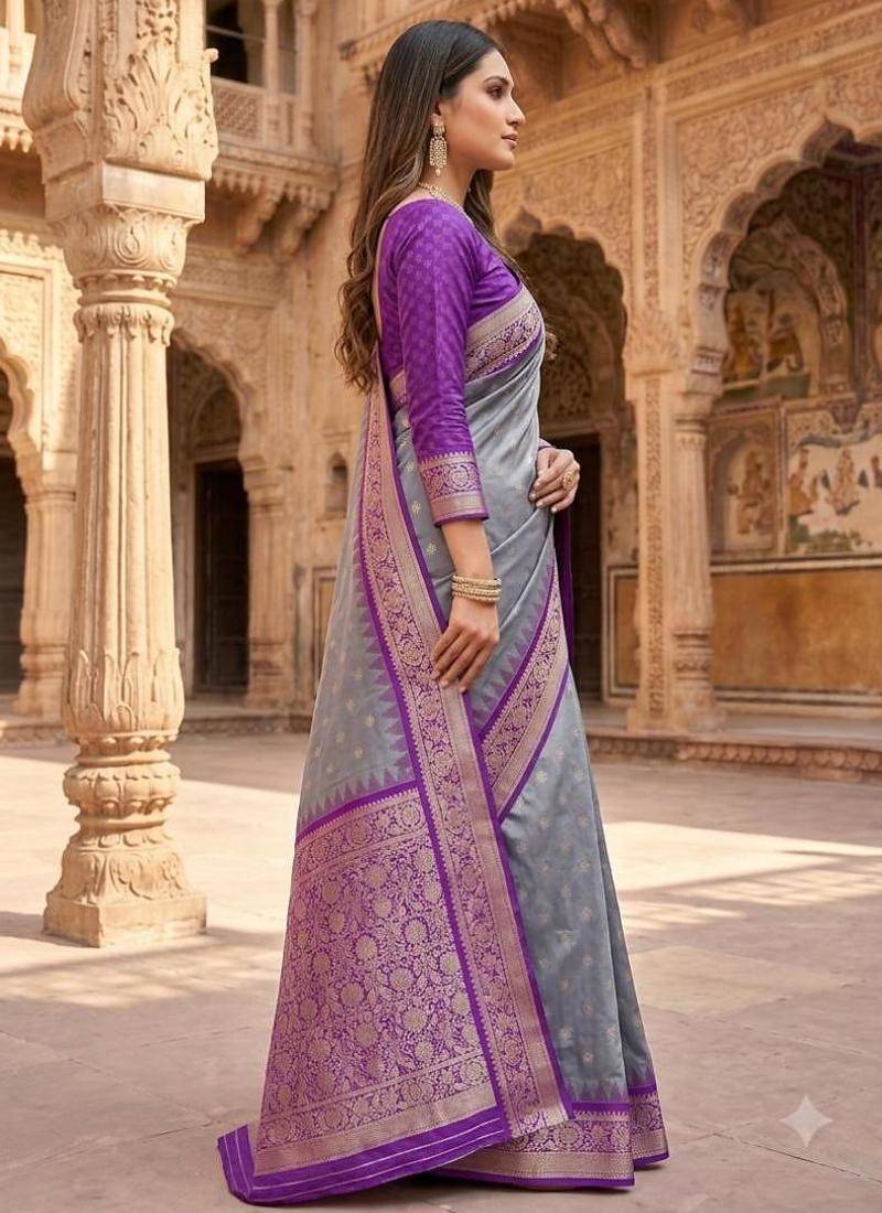 Grey color silk blend zari woven work sari with un-stitched blouse