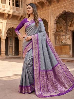 Grey color silk blend zari woven work sari with un-stitched blouse 4