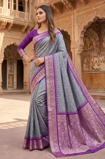 Grey color silk blend zari woven work sari with un-stitched blouse