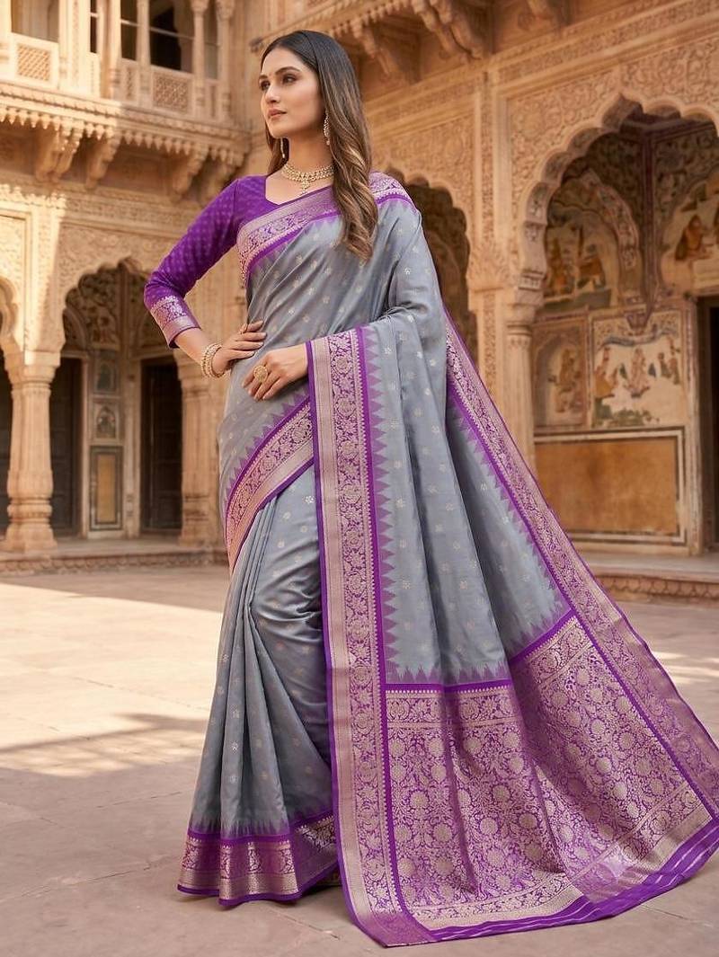 Grey color silk blend zari woven work sari with un-stitched blouse