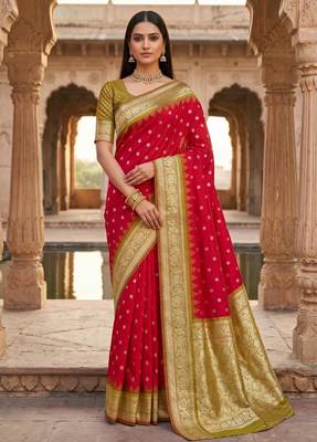 Red color silk blend zari woven work sari with un-stitched blouse 1