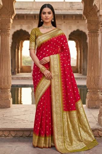 Red color silk blend zari woven work sari with un-stitched blouse