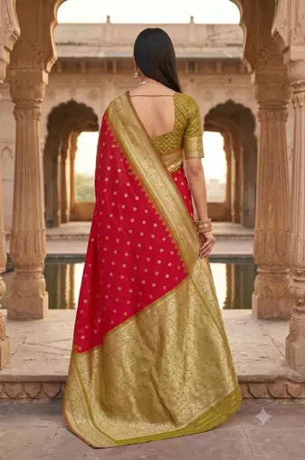 Red color silk blend zari woven work sari with un-stitched blouse