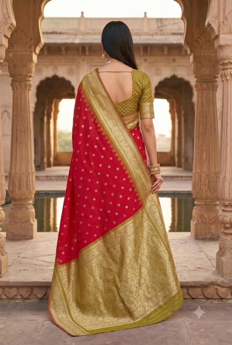 Red color silk blend zari woven work sari with un-stitched blouse