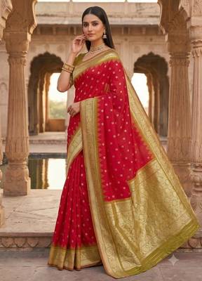 Red color silk blend zari woven work sari with un-stitched blouse 3