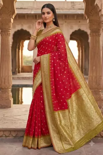 Red color silk blend zari woven work sari with un-stitched blouse