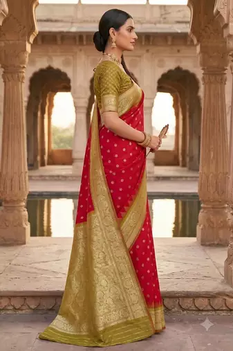 Red color silk blend zari woven work sari with un-stitched blouse