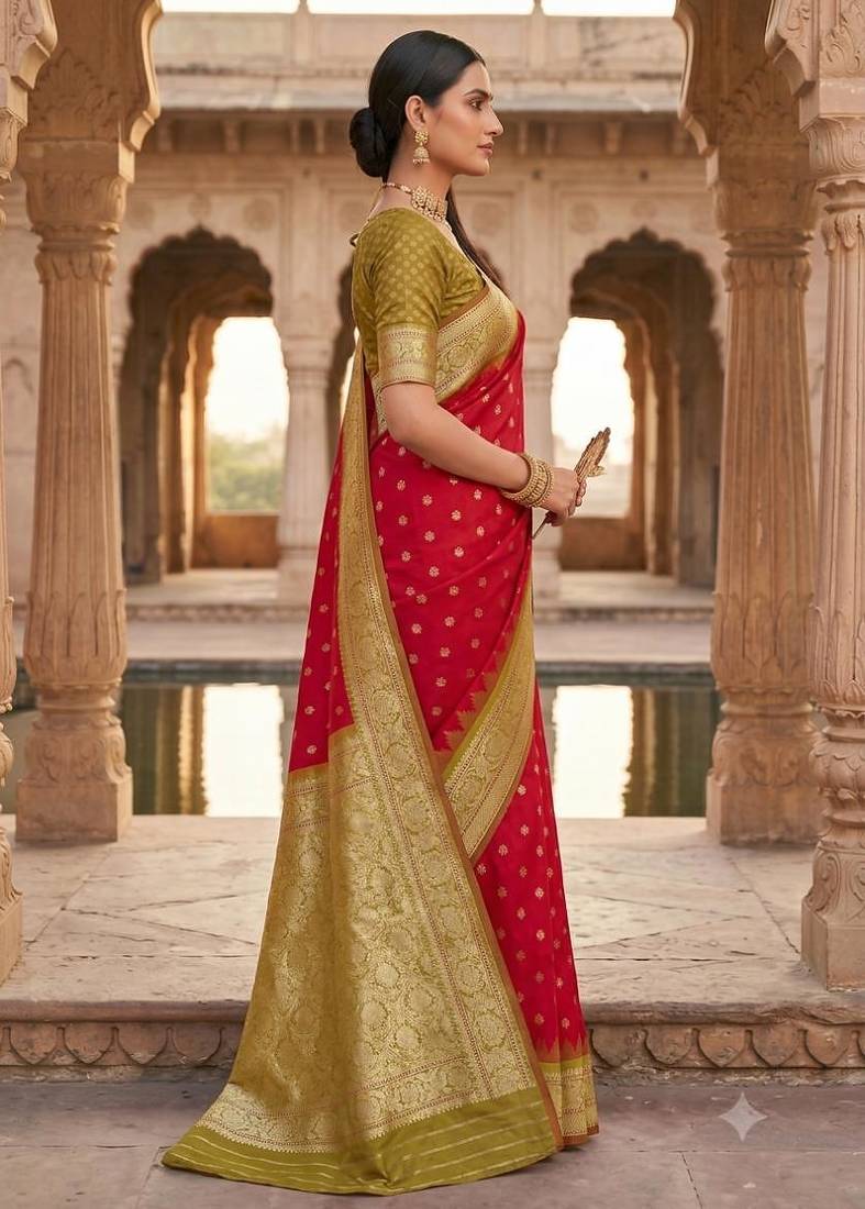 Red color silk blend zari woven work sari with un-stitched blouse