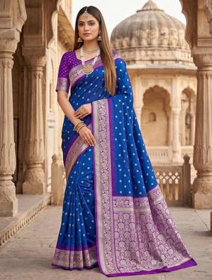 Blue color silk blend zari woven work sari with un-stitched blouse 1