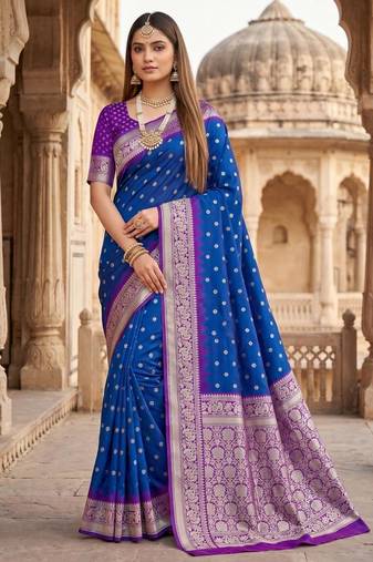 Blue color silk blend zari woven work sari with un-stitched blouse