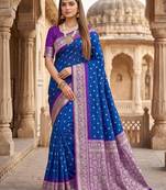Blue color silk blend zari woven work sari with un-stitched blouse