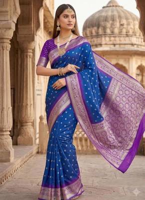 Blue color silk blend zari woven work sari with un-stitched blouse 2