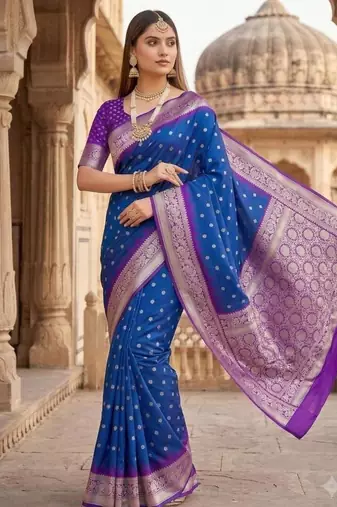 Blue color silk blend zari woven work sari with un-stitched blouse